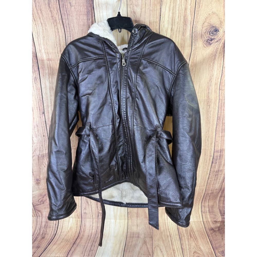 Wilsons Leather Hooded Parka Jacket Brown Faux Fur Lined Belted Womens Medium